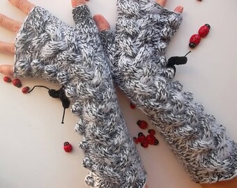Women Size M Long Gloves Ready To Ship Mittens Accessories Fingerless Hand Knitted Warm Wrist Warmers Arm Crochet Winter Mohair Cabled 440