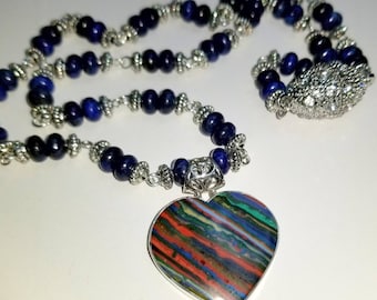 Rainbow Calsilica 925 Sterling Silver Pendant and Lapis Necklace