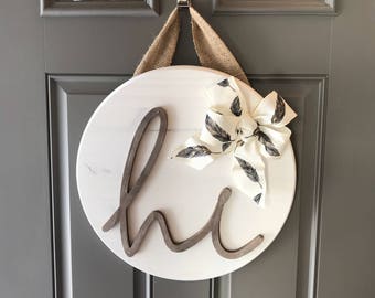White Front Door Hanger, Door Hanging Decor, Sign For Front Door, Wood Door Decor, Round Wood Sign, Front Door Wreaths Year Round, New Home
