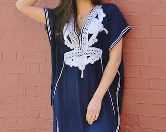 KAFTAN 20% SALE/ Navy Blue with Silver Boho Marrakech Resort Caftan Kaftan -beach cover ups, resortwear,loungewear,maximbirthdays, honeymoon