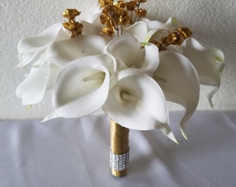 Ivory Gold Calla lily Bridal Wedding Bouquet & Boutonniere