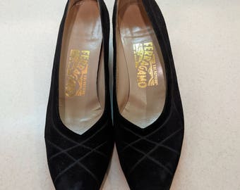 Salvatore Ferragamo Black Suede Low Heel Designer Shoes