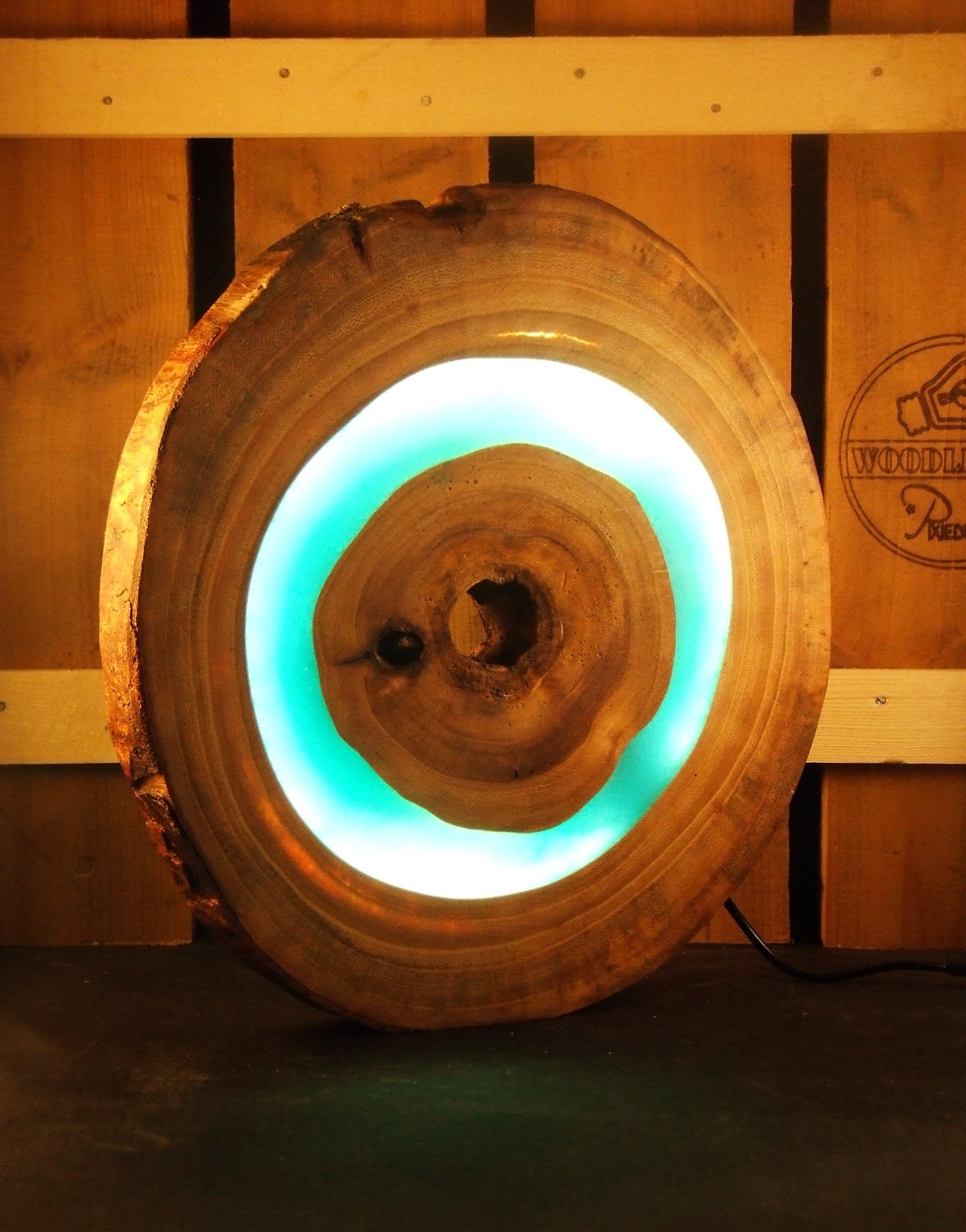 Wooden blue LED lamp Acaciawood with clear epoxy resin and