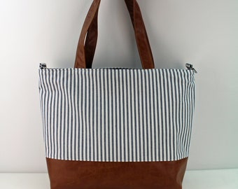 Extra Large Lulu Tote with Pinstripes and PU Leather -READY to SHIP Beach Dance Travel Bag 7 pockets