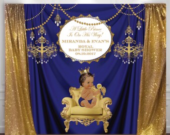 gold and royal blue prince, crown, baptism, christening, birthday, baby shower backdrop, sign poster, banner, party, decor, king, 8*8 feet