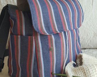 Blue and red Stripes, messenger bag, knitting, Lots of Pockets, knitting supplies, crochet tote, knit organizer, snag free vinyl interior