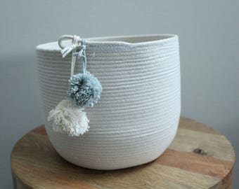 Basket rope coil bin storage organizer bowl pompoms natural grey by PETUNIAS