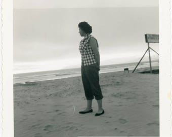 vintage photo 1950s Pedal Pusher Lady Looks to Ocean Sunset from Back square snapshot