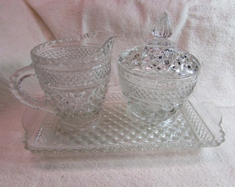Anchor Hocking Wexford Creamer, Lidded Sugar, and Tray