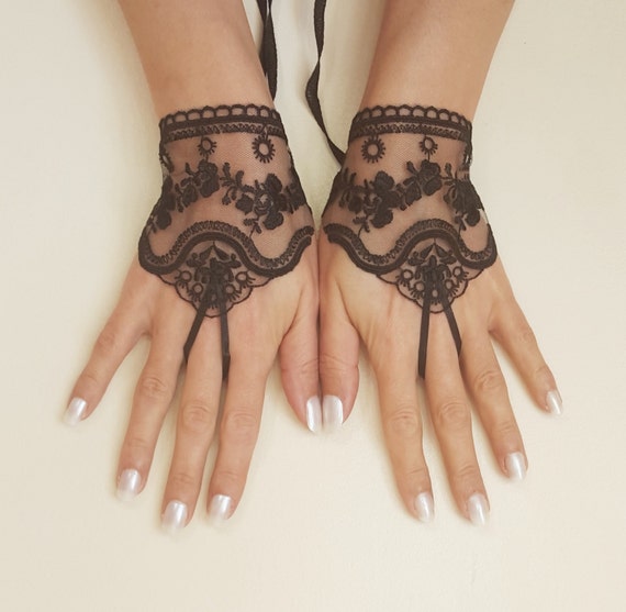 Black or ivory, light beige tulle lace glove embroidery bridal wedding fingerless burlesque body tattoo romantic bridesmaid glove 263