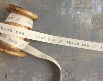 Grosgrain ribbon with 'Thank You' Print, Ivory, 15mm x 1m T318