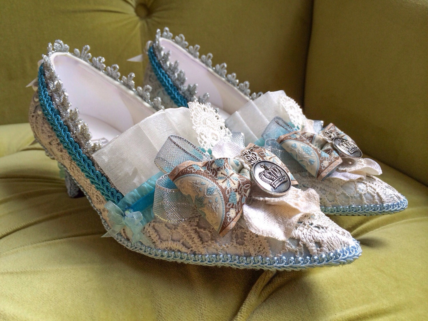 Marie Antoinette Shoes Ivory Lace Silver Turquoise Blue French