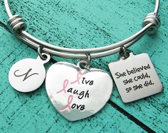breast cancer survivor gift, encouragement recovery bracelet, cancer free get well soon gift, she believed she could, pink ribbon awareness