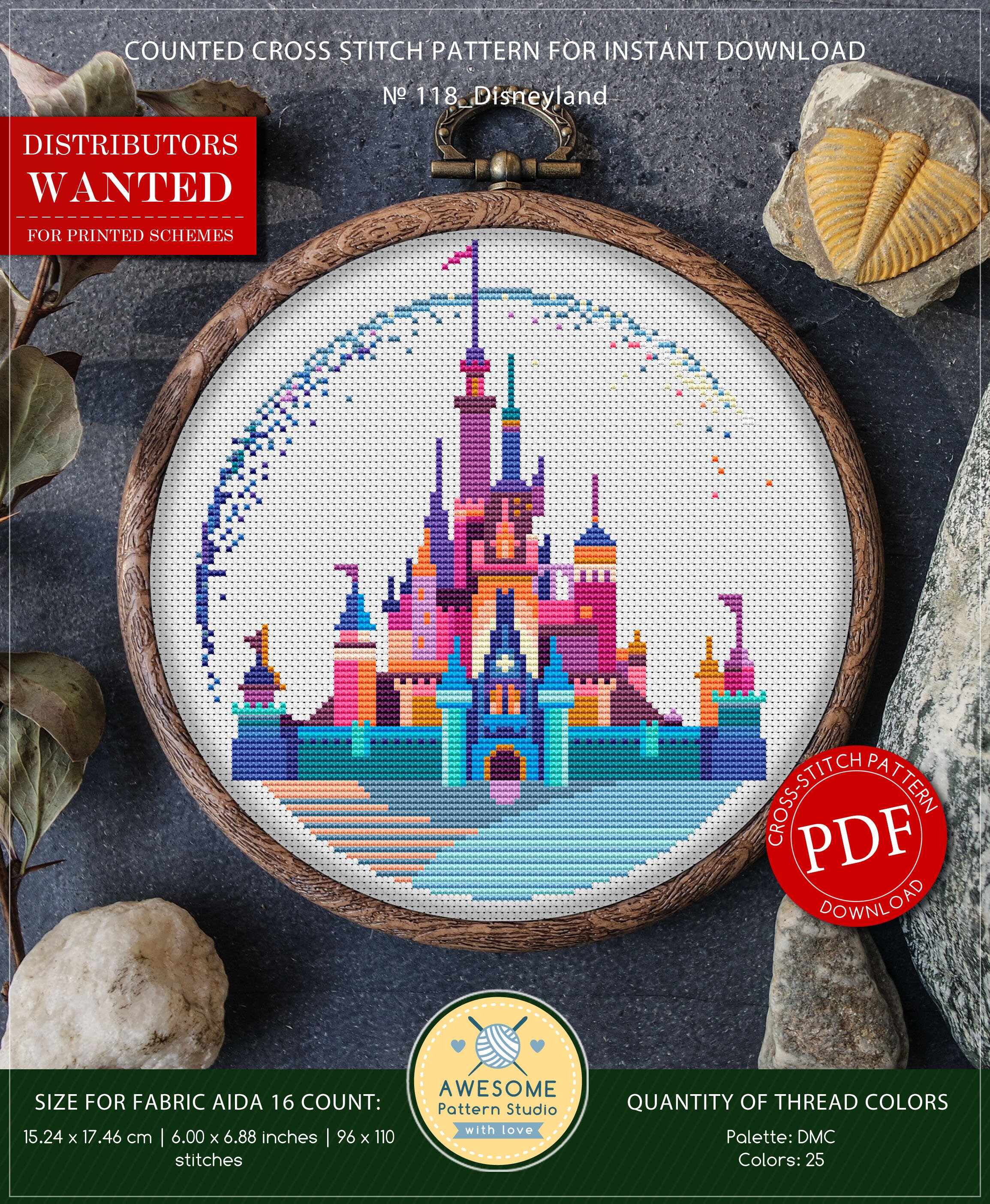 Modern Cross Stitch Pattern of Disneyland for Instant Download