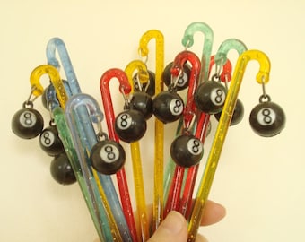 Vintage magic 8-ball swizzle sticks, 15 eight-ball vintage stir sticks, rare novelty drink stirrers, mid-century barware