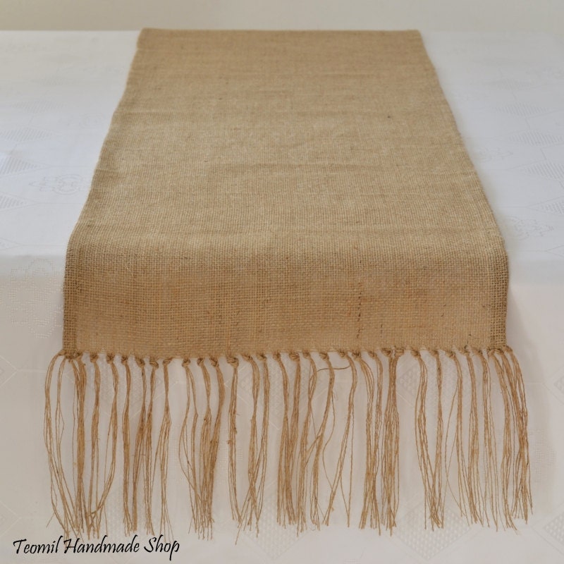 Burlap Table Runner with Hand Knotted Fringe