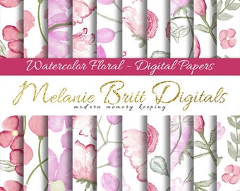 FLORAL WATERCOLOR, digital paper pack, scrapbook papers, hand painted papers, elegant floral paper, watercolor flowers, printable papers