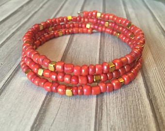 Salmon and Gold Wrap bracelet, Memory wire bracelet, Boho Bracelet, Gift for Her