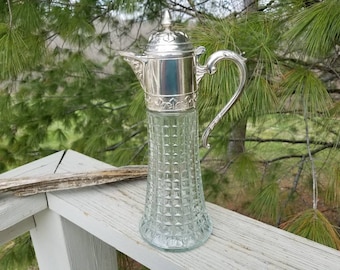 Pressed Glass & Silver Plate Claret Jug Wine Decanter Carafe
