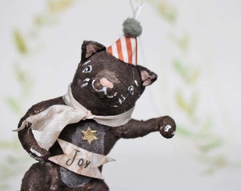 Schwarze Katze mit Partyhut Nostalgischer Christbaumschmuck Wattefigur Zirkus Ornament Spun Cotton