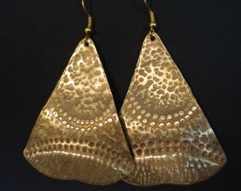 Hammered Bronze Big Unique Pattern Earrings Double Faced Earrings Contemporary Patina Long and Big Earrings