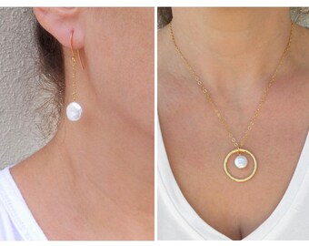 Coin pearl necklace, Pearl jewelry set, Coin pearl earrings
