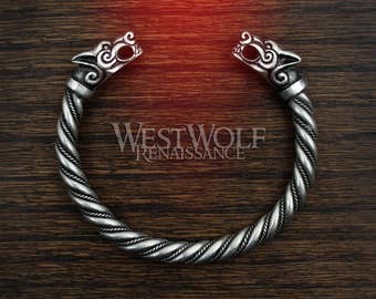 Silver Viking Fenrir Wolf Bracelet/Torc/Torque -- Norse Mythology/Wolves/Medieval/Jewelry/Skyrim
