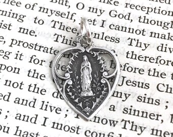 Religious Medal - Virgin Mary - Our Lady of Lourdes - Bronze or Sterling Silver - Delicate Heart - Reproduction - Made in the USA (M-1372)