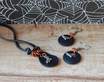 Halloween Jewelry, Black and Orange, Halloween Necklace Earrings, Jewelry Set, Black Glass Jewelry, Halloween Accessory