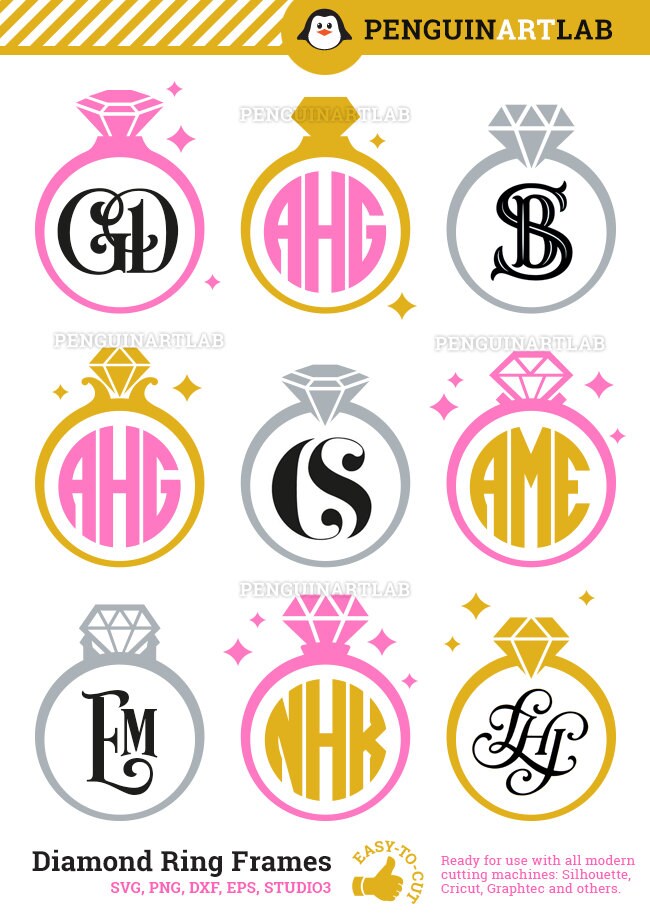 Download Diamond Wedding Ring SVG Monogram Frames Cut Files for