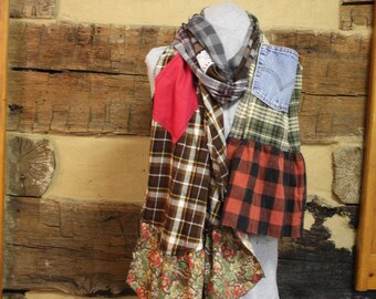 Flannel Scarf Rustic Plaid Upcycled Chic Scrappy Scarves Mori Girl Tattered Boho Hippie Patchwork Denim Pocket Scarf Anthropologie Style