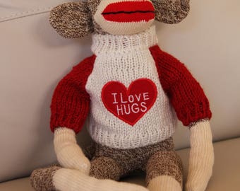 Handmade Rockford Red Heel Sock Monkey Wearing I Love Hugs Red White Sweater