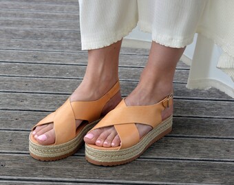 Greek Sandals, Espadrilles Sandals, Leather Flatform Sandals, Criss Cross Sandals, Slingback Platform Sandals ''Naxos''
