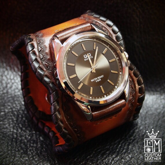 Leather Cuff Watch sunburst brown fade Traditional American ROCKSTAR Bracelet made for YOU in USA by Freddie Matara