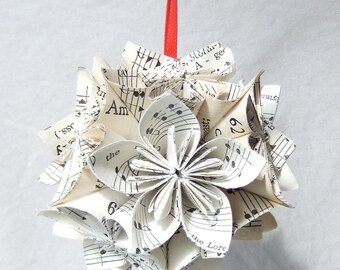 Sheet Music Ornament, Large Origiami Ornament, Christmas Tree Ornament, Music Decor, Wedding Decor, Musical Gift, Fan Pull, Paper Flowers