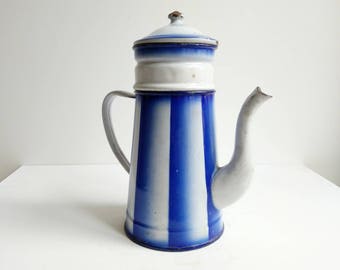 Vintage Pitcher - Vintage Coffee Pot - Vintage Enamelware - Enamel Pitcher - Blue Pitcher - Blue Enamelware - Vintage French Enamelware