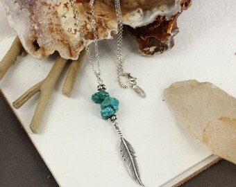 Feather necklace - Southwestern necklace - Turquoise necklace - Boho chic necklace - Handmade