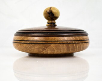Handmade Lidded Wooden Bowl, QUINN, a Hand Turned Hickory Kentucky Barn Wood Vessel with Figured Walnut Lid and a Maple Burl Finial