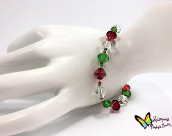 Red Green and Crystal Glass Beaded Bracelet Christmas Bracelet Holiday Bracelet Festive Bracelet Beaded Christmas Bracelet Bracelet gift