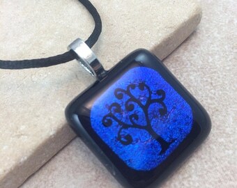 ON SALE Tree of Life Necklace, Blue Dichroic Pendant, Fused Glass Jewelry, Dichroic Glass Jewelry, Dichroic Pendant Necklace - HEA447