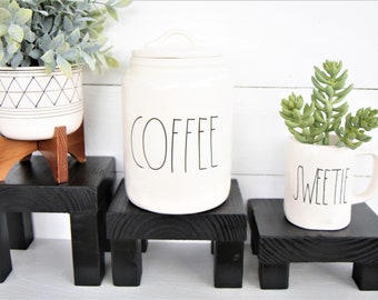 Set of 3 Risers-Pedestal-You Pick Color-Stand-Wood Decor-Rae Dunn Inspired-farmhouse-Kitchen-Mug Riser-display-Tray-Distressed-wooden-Rustic