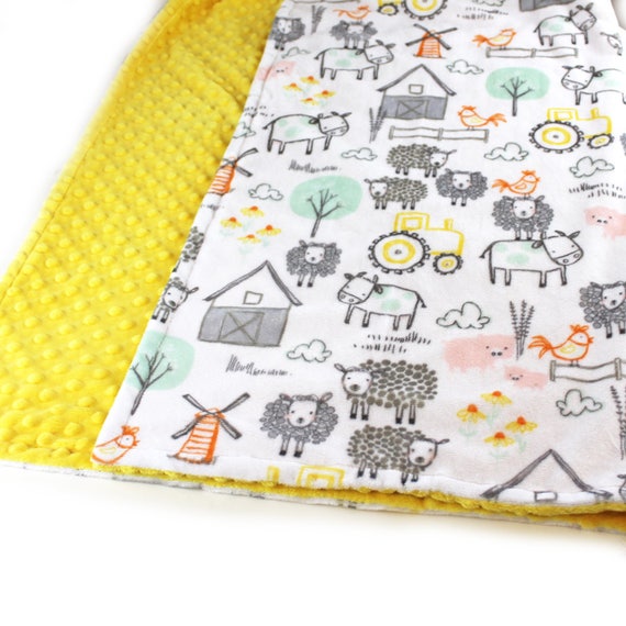 Farm Animal Minky Baby Blanket Personalized Baby Blanket, Gray Yellow Blanket, Nursery Decor, Animal Blanket, Baby Boy, kids minky blanket