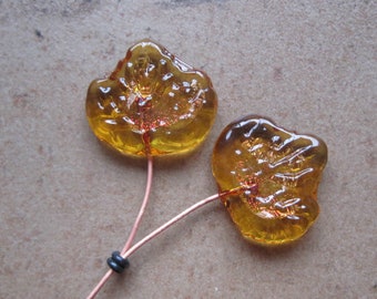 Lampwork Headpins - Glass Headpins - Leaf Glass Headpins - Copper wire - Glass Headpins Pair - SueBeads - Headpins - Glass Heapins - Leaves