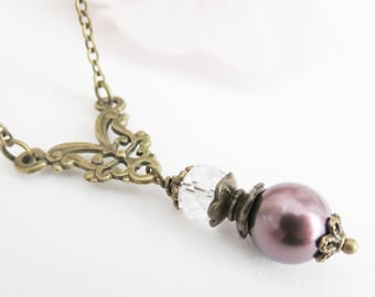 Purple pearl necklace, vintage style plum necklace, victorian style jewelry, gift for her, brass and bronze jewelry