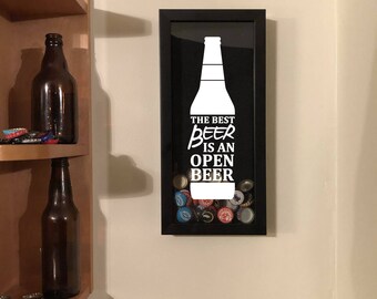 The Best Beer is an Open Beer - Wall Hanging Bottle Cap Holder - Black Shadow Box (6" x 14") - Vinyl Decal Gifts, Home Bar Accessories