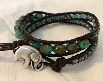 Leather beaded wrap bracelet turquoise green handmade