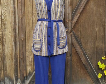 Vintage 70s Blue and Yellow Lounge Outfit, Medium