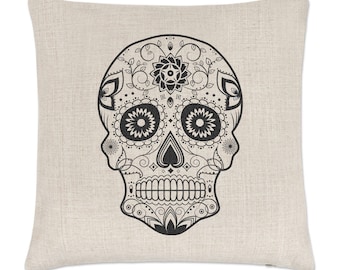Black Sugar Skull Linen Cushion Cover