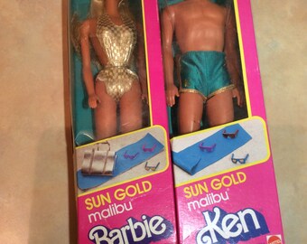1983 Never Opened Sun Gold Malibu Barbie #1067 and Ken #1088 Dolls