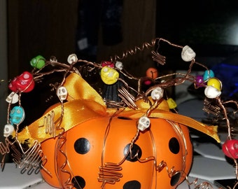 Halloween Pumpkin Twisted Sculpture with Multi Colored Skulls